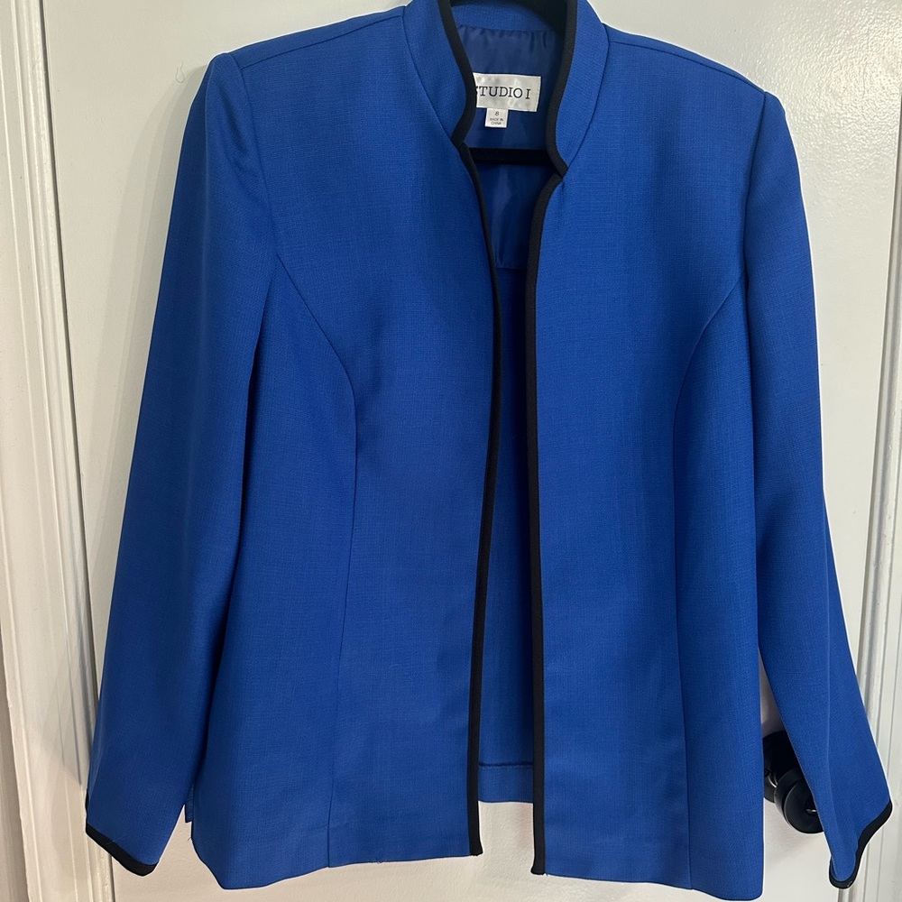 Studio I Royal Blue Open Front Blazer with Black Trim – Size 14 💙🖤